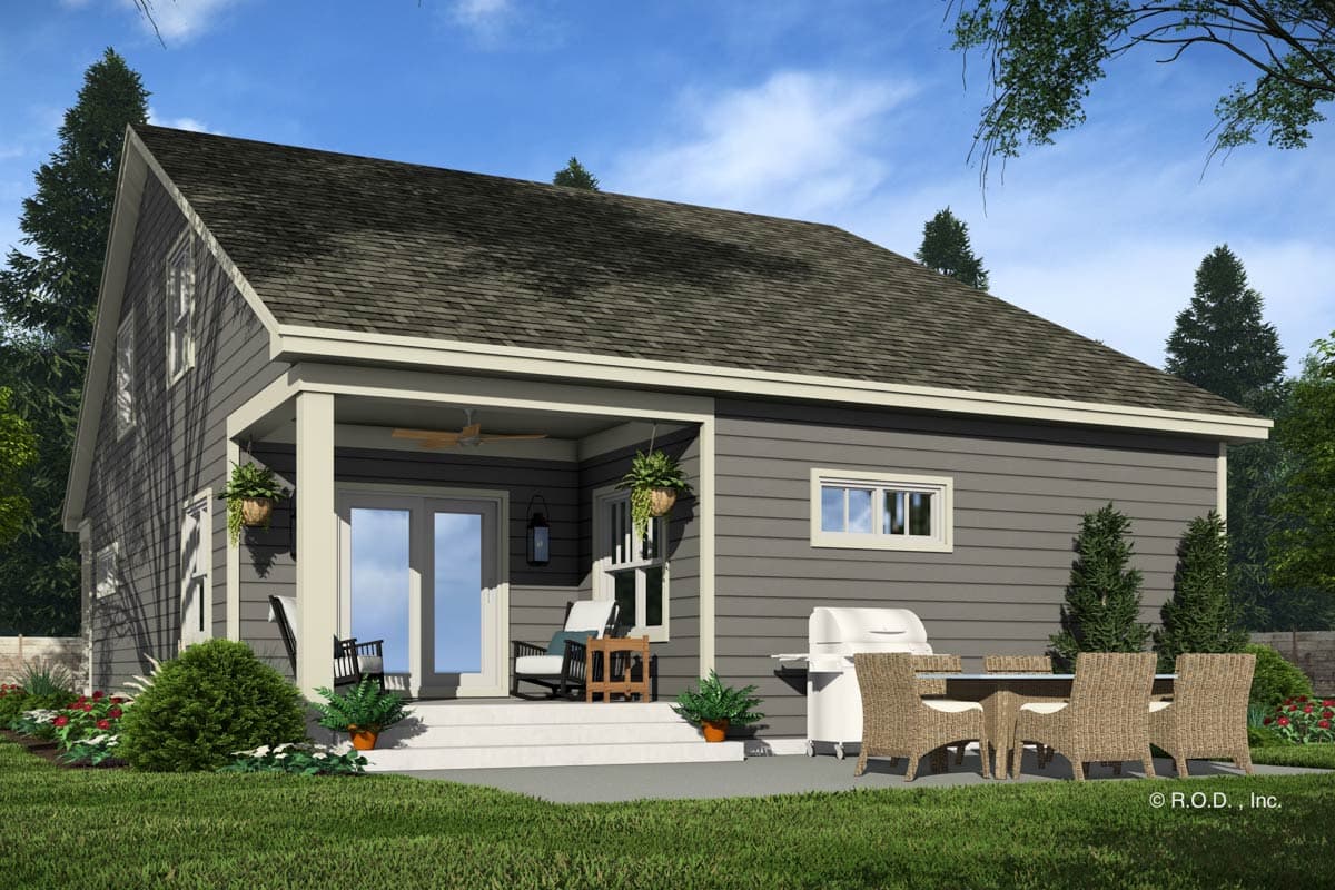 House plan exterior: Two-story Modern Farmhouse with covered porch, gabled dormers, and horizontal siding.