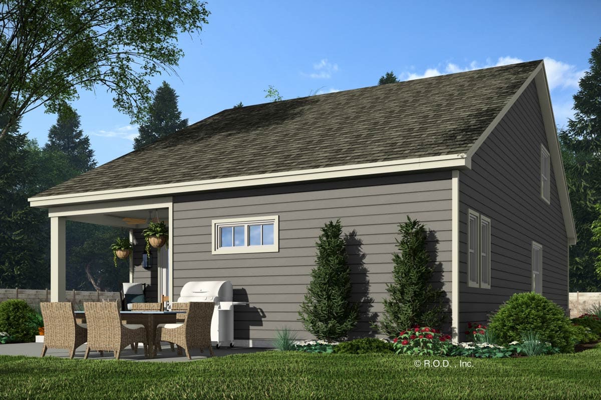 House plan exterior, one story with covered porch, lap siding, and multiple windows.