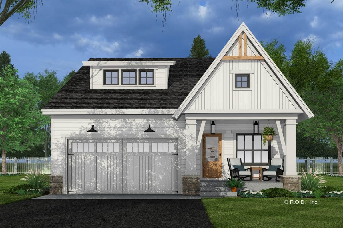 House plan exterior: Modern Farmhouse style, two stories, side-entry garage, gabled dormer, and covered front porch.
