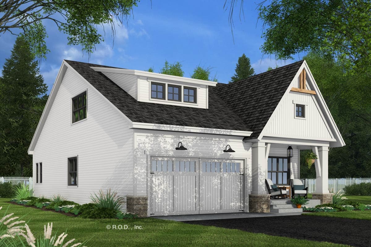 House plan exterior: Modern Farmhouse style, two stories, side-entry garage, front porch with columns, and a dormer window.