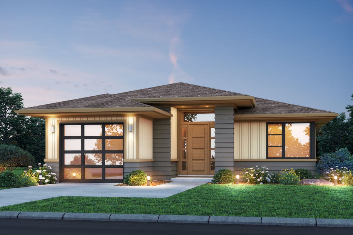 House plan exterior. Modern, one-story home with a flat roof, glass garage door, and entry door with sidelights.