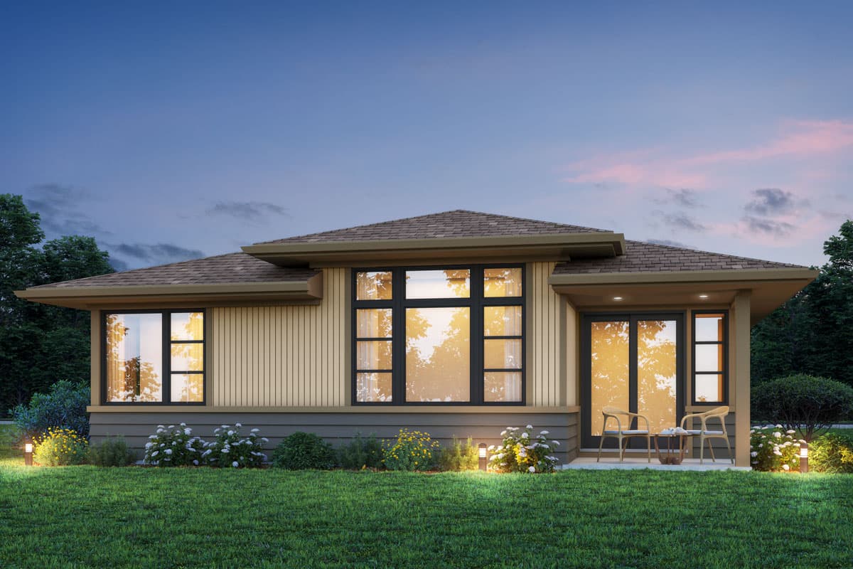 Modern house plan exterior, one story, featuring vertical siding, large grid windows, and a covered patio with seating.