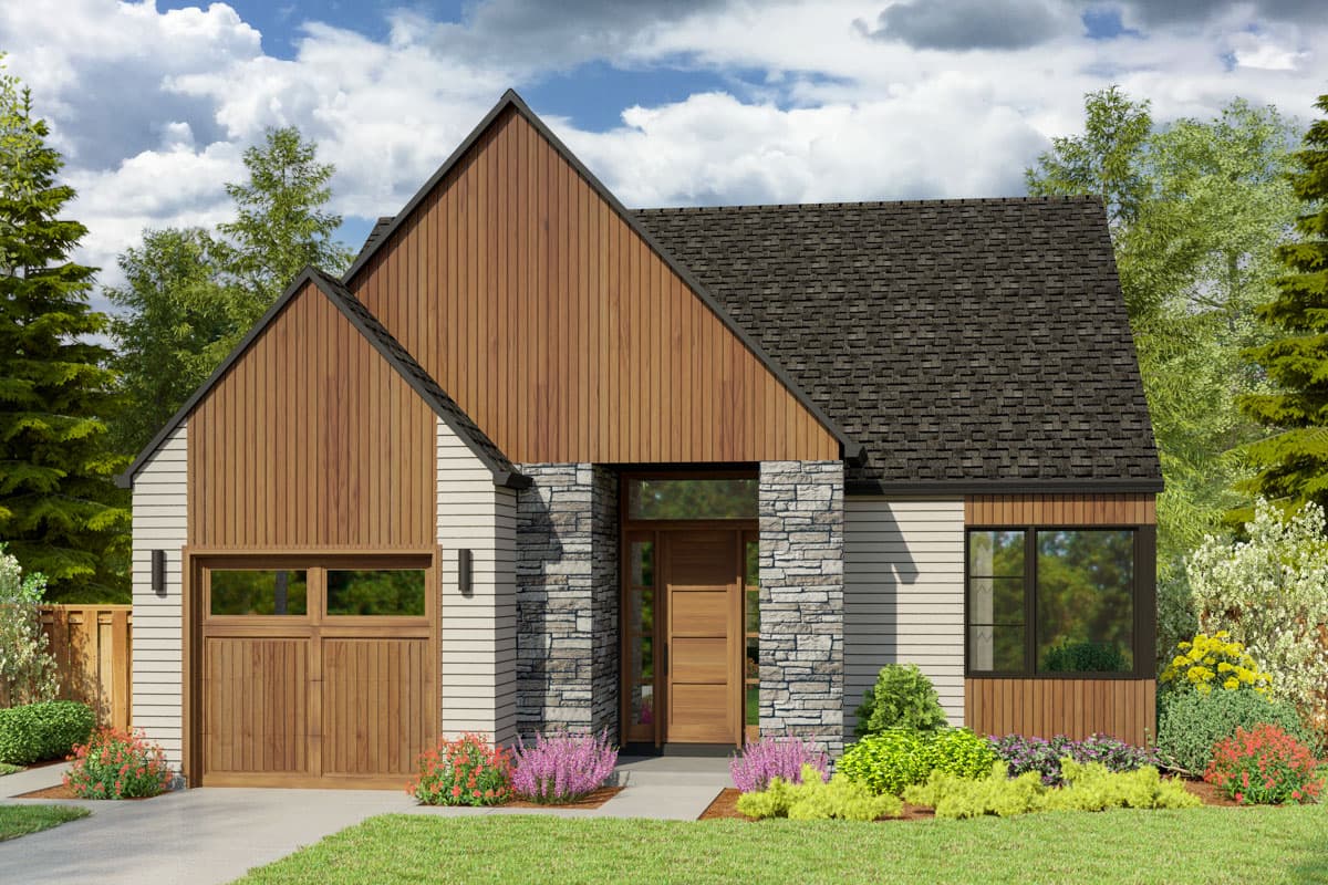 House plan exterior. Modern style with two gabled sections, wooden accents, and a stone facade around the entry. Single-car garage.