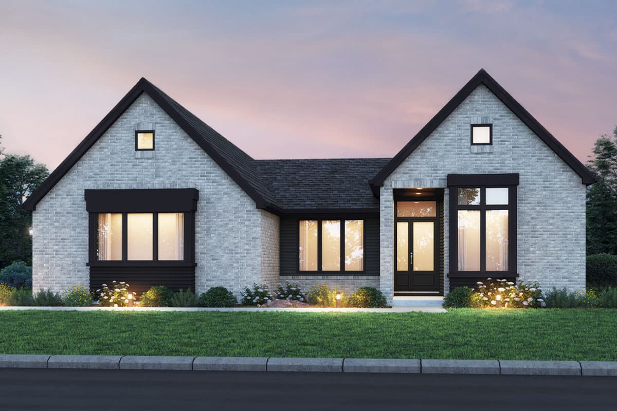 House plan exterior with two gabled sections. Features include rectangular windows, dark trim, and a brick facade. The entry has a glass door.