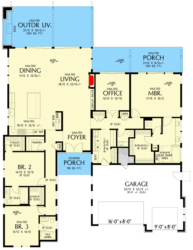 Plan 69883AM: 3-Bed Mid Century Modern House Plan with Outdoor Living Room - 2769 Sq. Ft. - Floor Plan - Main Level - Contemporary, Mid Century Modern, Modern, Ranch
