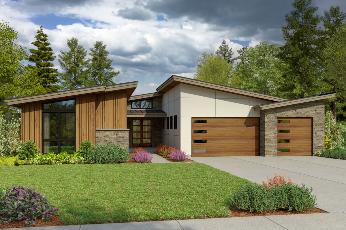 House plan exterior. Modern style, single story home with wood siding, flat roof, and attached garage. Stone accents and large windows.