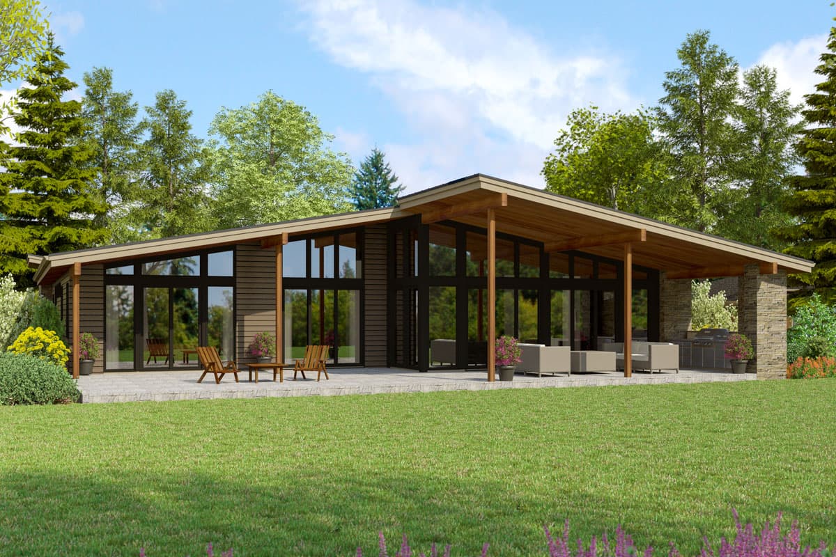 Modern house plan exterior with a low-pitched roof, extensive glazing, wood siding, and a covered patio with stone columns.