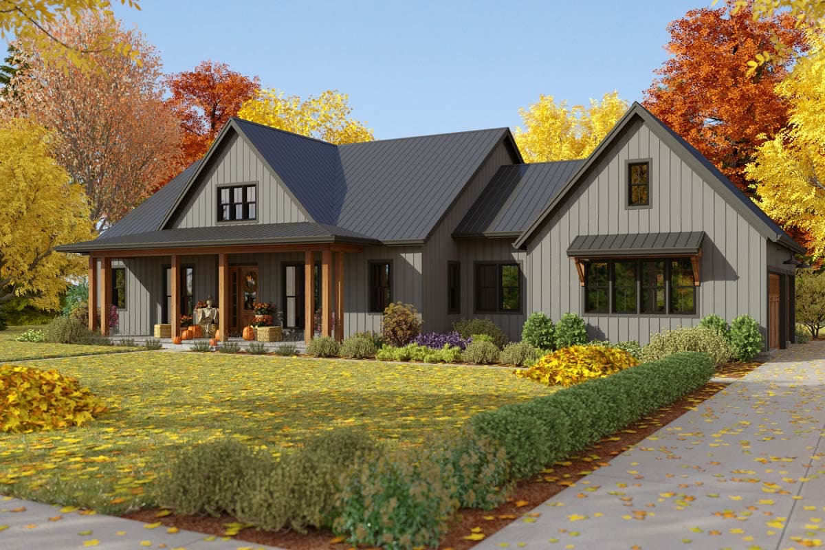 Modern Farmhouse style house plan exterior, one story, with a covered front porch, board and batten siding, and gable roof.