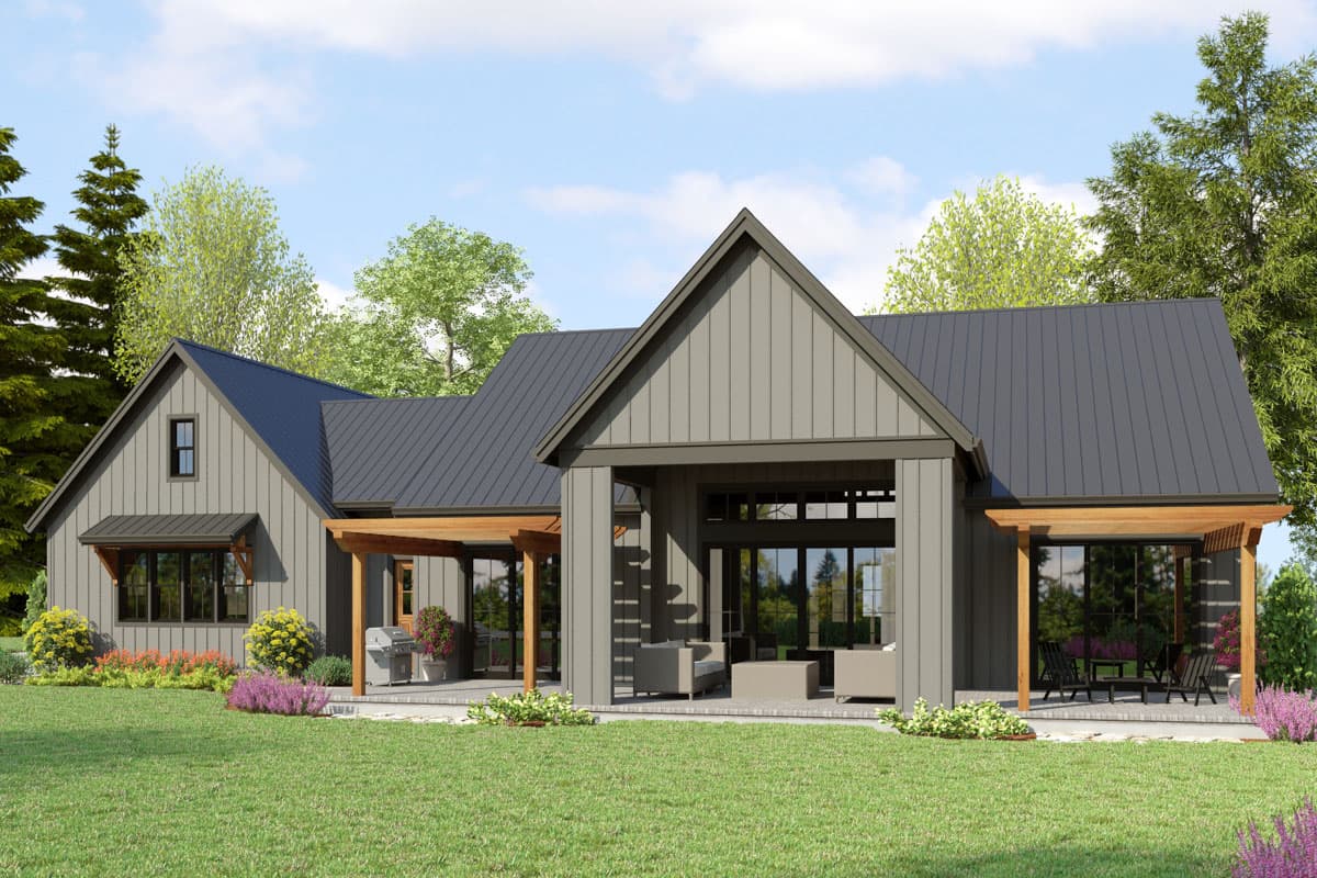 Modern Farmhouse house plan exterior with board-and-batten siding, gables, metal roof, and covered patios.