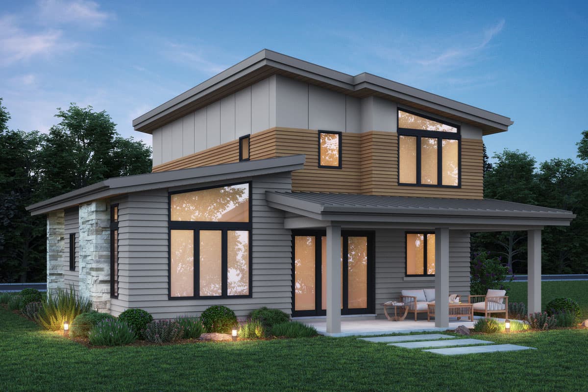 House plan exterior: Modern style, two stories, flat rooflines, horizontal siding, stone accents, large windows, covered porch.