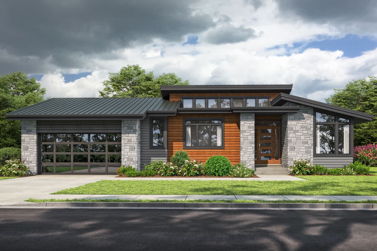 House plan exterior. Modern style, one-story home with a metal roof, stone accents, and a glass-paneled garage door.
