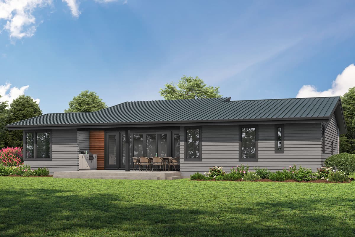 Modern ranch house plan exterior with a hip roof, horizontal siding, and a patio with sliding glass doors.