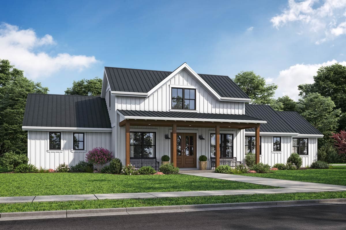 House plan exterior. Modern Farmhouse style, two stories, with a covered porch, gabled roof, and dormer.