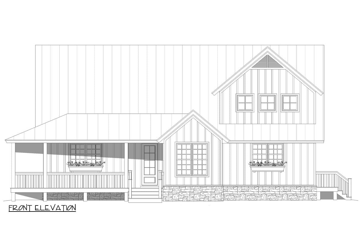 Front elevation drawing of a two-story house plan with a covered porch, stone foundation, and gable dormer.