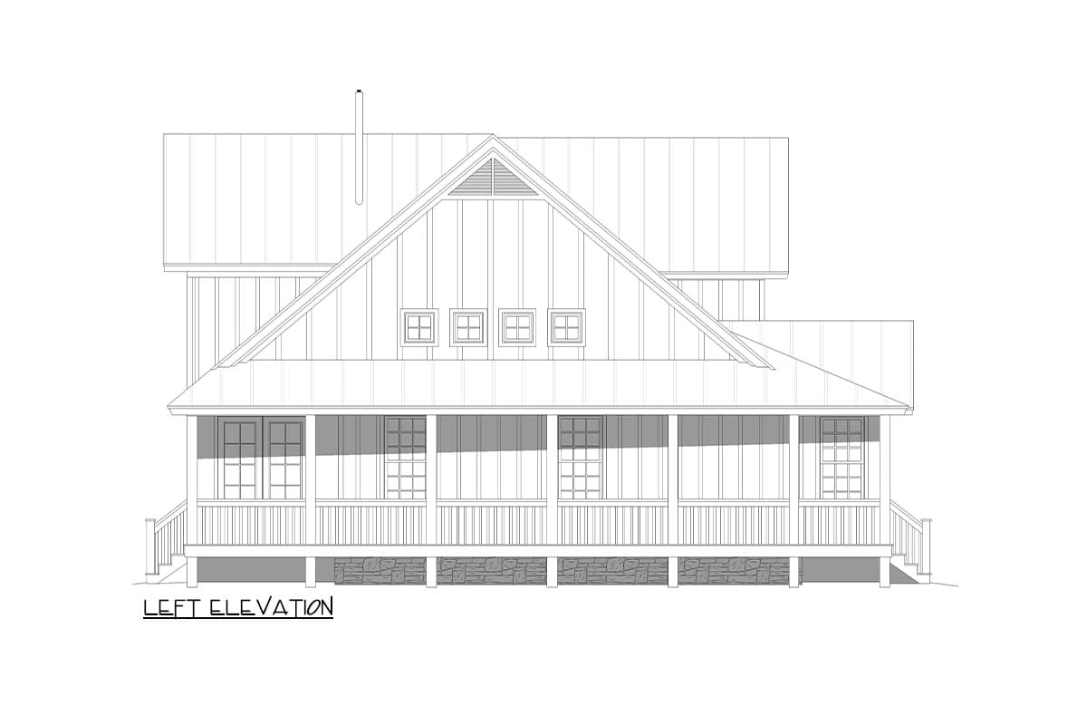 Left elevation house plan showing a two-story home with a prominent gable, covered porch, and stone foundation.