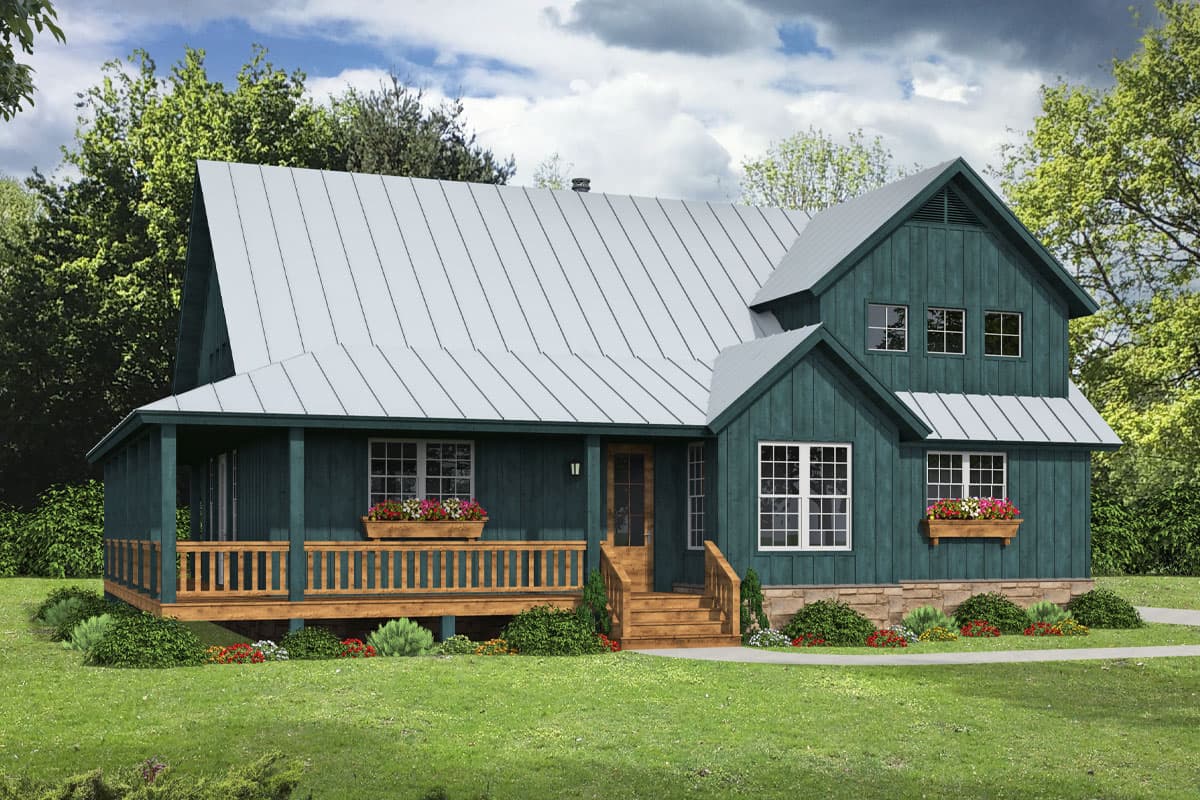 House plan exterior. Two-story Modern Farmhouse with a covered porch, multiple gables, and a metal roof. Includes dormers and flower boxes.