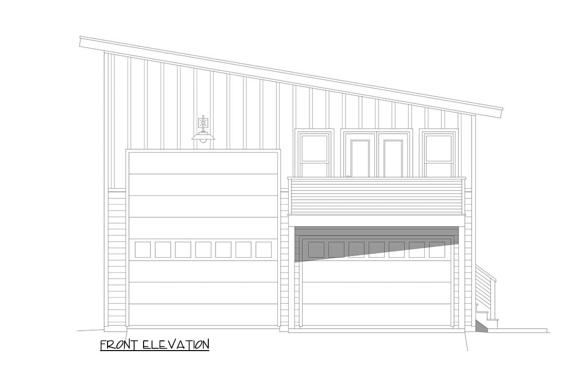 Front elevation drawing of a house plan featuring a sloped roof, vertical siding, two garage doors, and a balcony with windows.