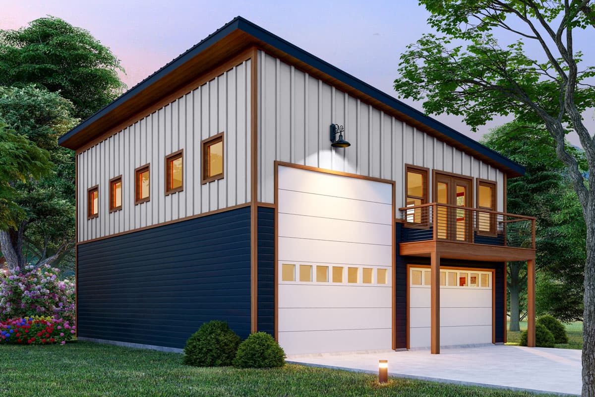 House plan exterior. Two-story Modern style with vertical siding. Features include a two-car garage, balcony, and shed roofline.