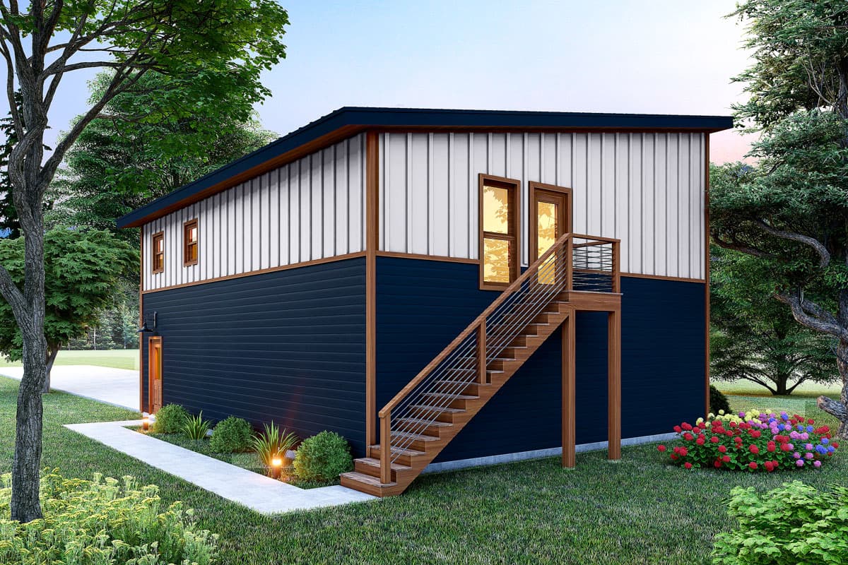 House plan exterior: two-story Modern style with dark blue horizontal siding and white vertical siding, prominent staircase to upper level.