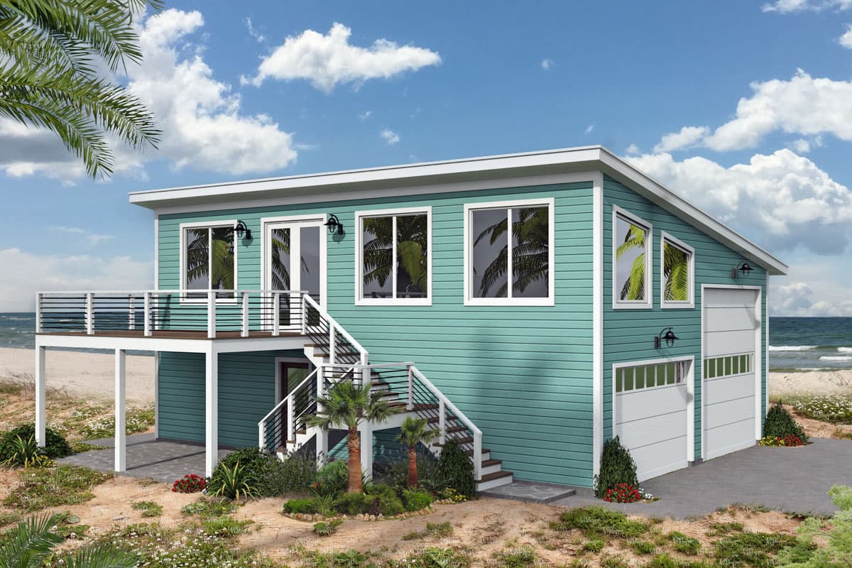 House plan exterior. Two-story, coastal style. Features include an elevated deck, stairs to entry, and an attached garage with a gable roof.