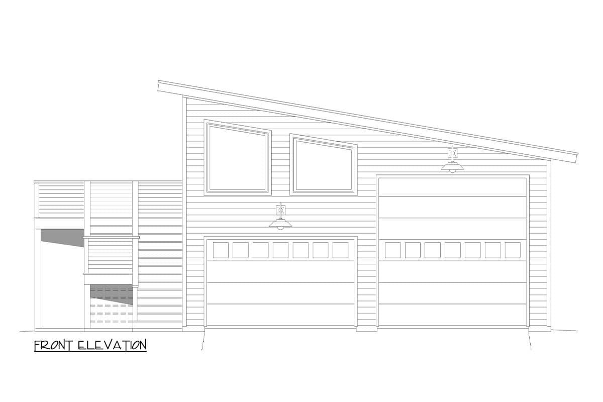 Front elevation drawing of a house plan with a sloped roof, two garages, two upper windows, and a covered side entrance.