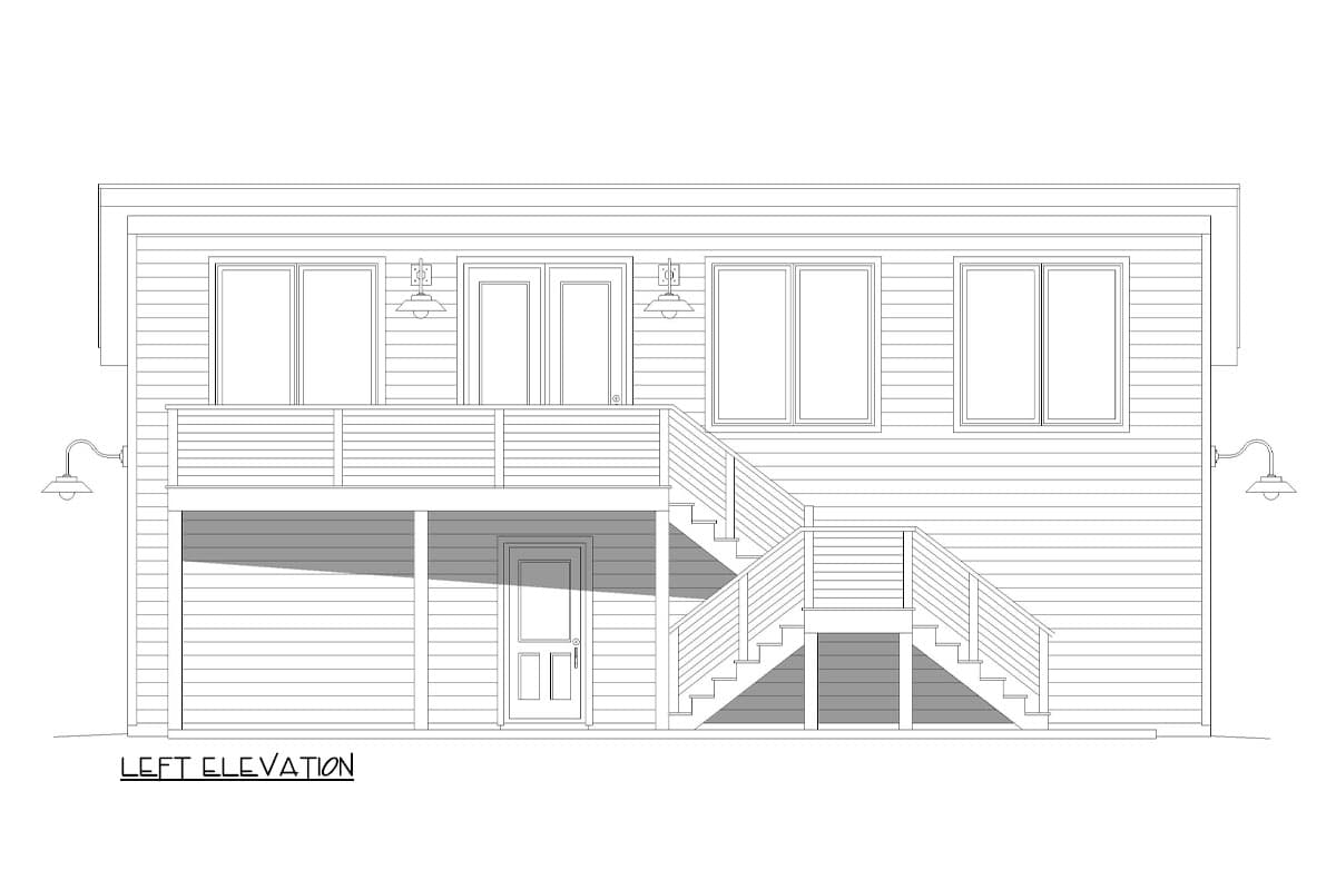 Left elevation house plan: two stories, upper balcony, twin doors, multiple windows, and a double staircase leading to the lower level entrance.