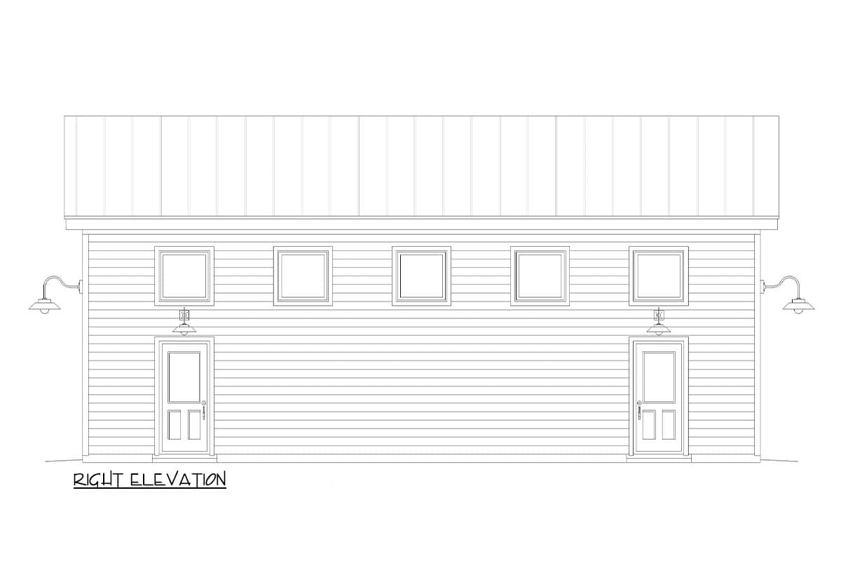 Right elevation drawing of a house with horizontal siding, two doors, five square windows, and two wall-mounted lights.