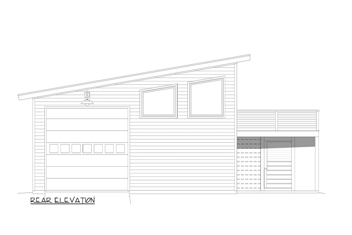 Rear elevation of a house plan showing a garage, angled windows, and a covered deck area.