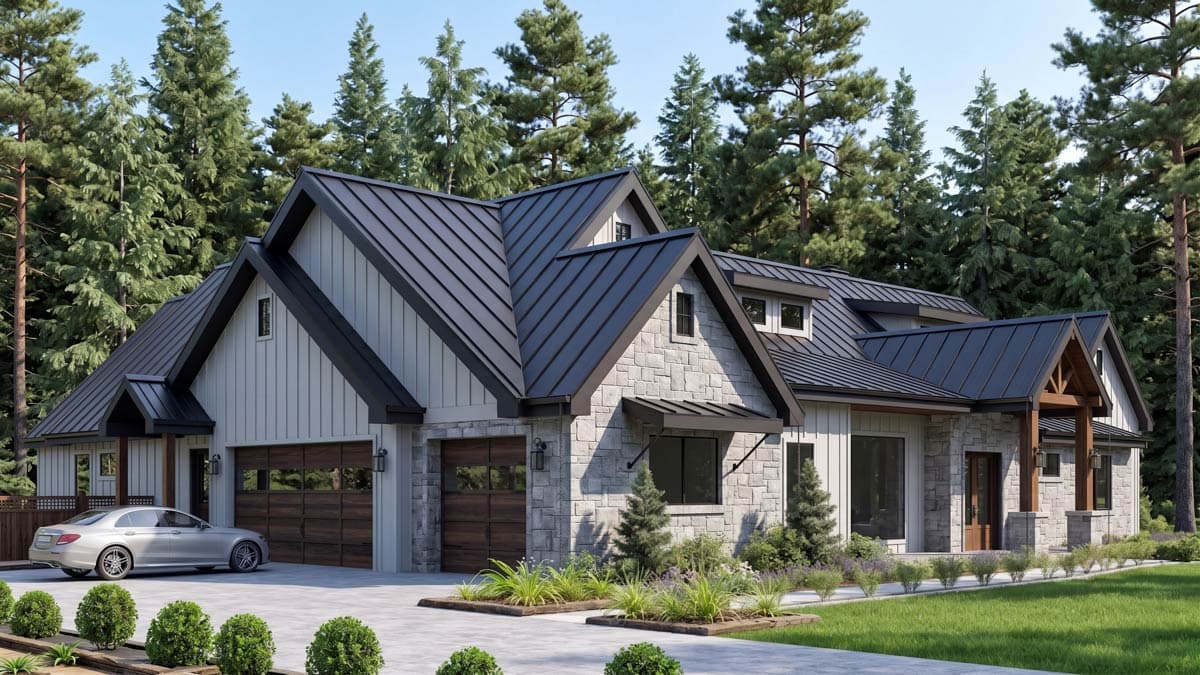 Modern Farmhouse house plan exterior with stone and vertical siding, metal roof, gable dormers, and a three-car garage.