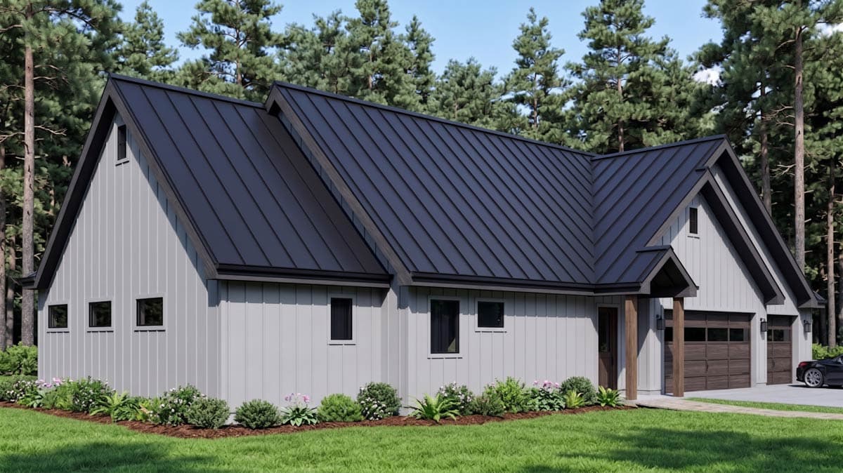 Modern Farmhouse house plan exterior with metal roof, gables, covered patio bar, and stone chimney.