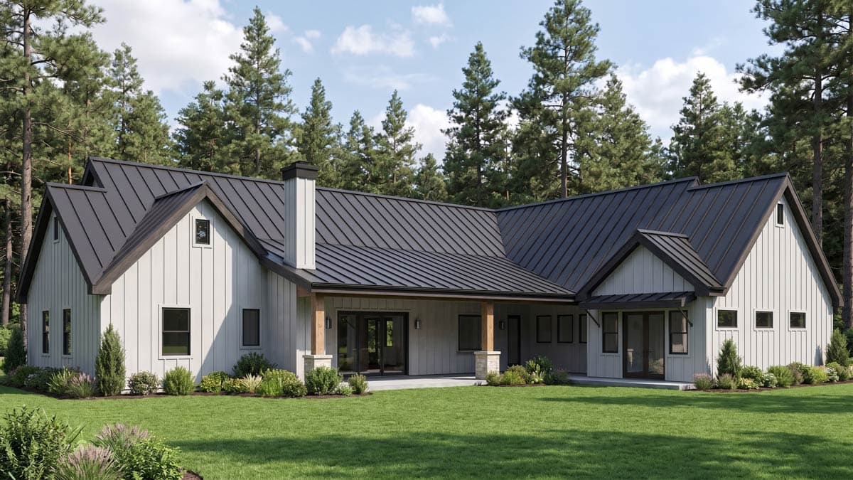 House plan exterior: Modern Farmhouse style with vertical siding, dark metal roof, gable dormers, and stone accents.