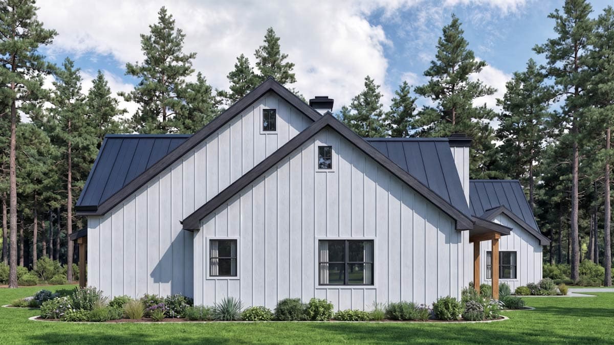 Modern Farmhouse house plan exterior with stone and vertical siding, metal roof, and exposed wood beam entryway.