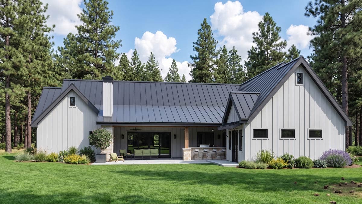 Modern Farmhouse house plan exterior with stone accents, gabled dormers, and a wood-trimmed entrance.