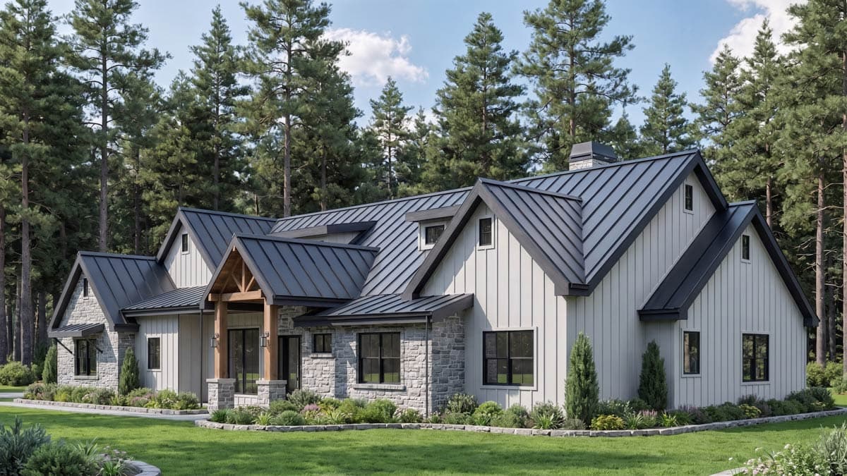 Modern Farmhouse house plan exterior with metal gable roofs, dormers, stone and vertical siding, and a three-car garage.