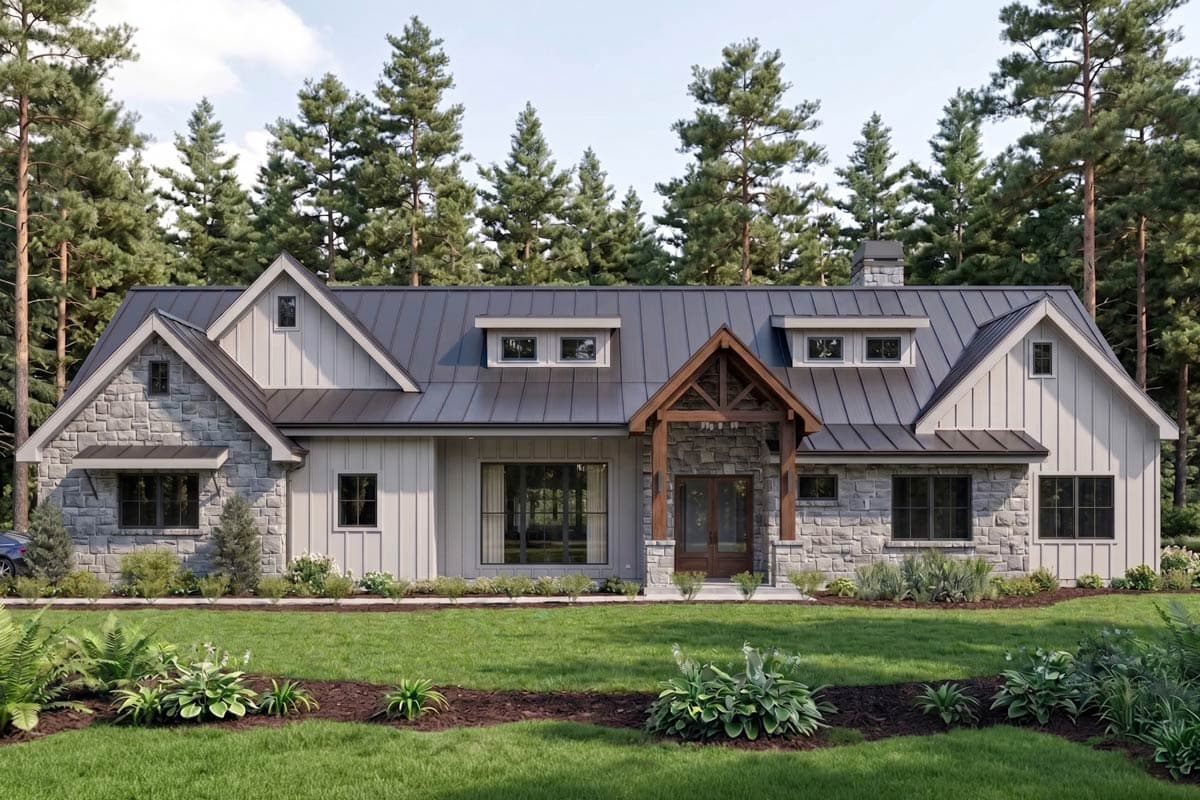 House plan exterior. Modern Farmhouse style with metal roof. Features include gables, dormers, and a covered front entry.