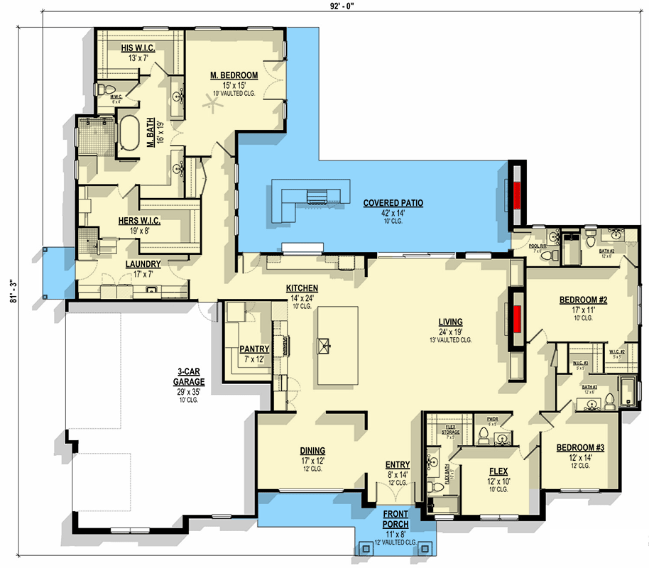 Plan 307724RAD: 4-Bed New American House Plan with Outdoor Living Space - 3536 Sq. Ft. - Floor Plan - Main Level - Mountain, New American, Ranch, Rustic, Transitional