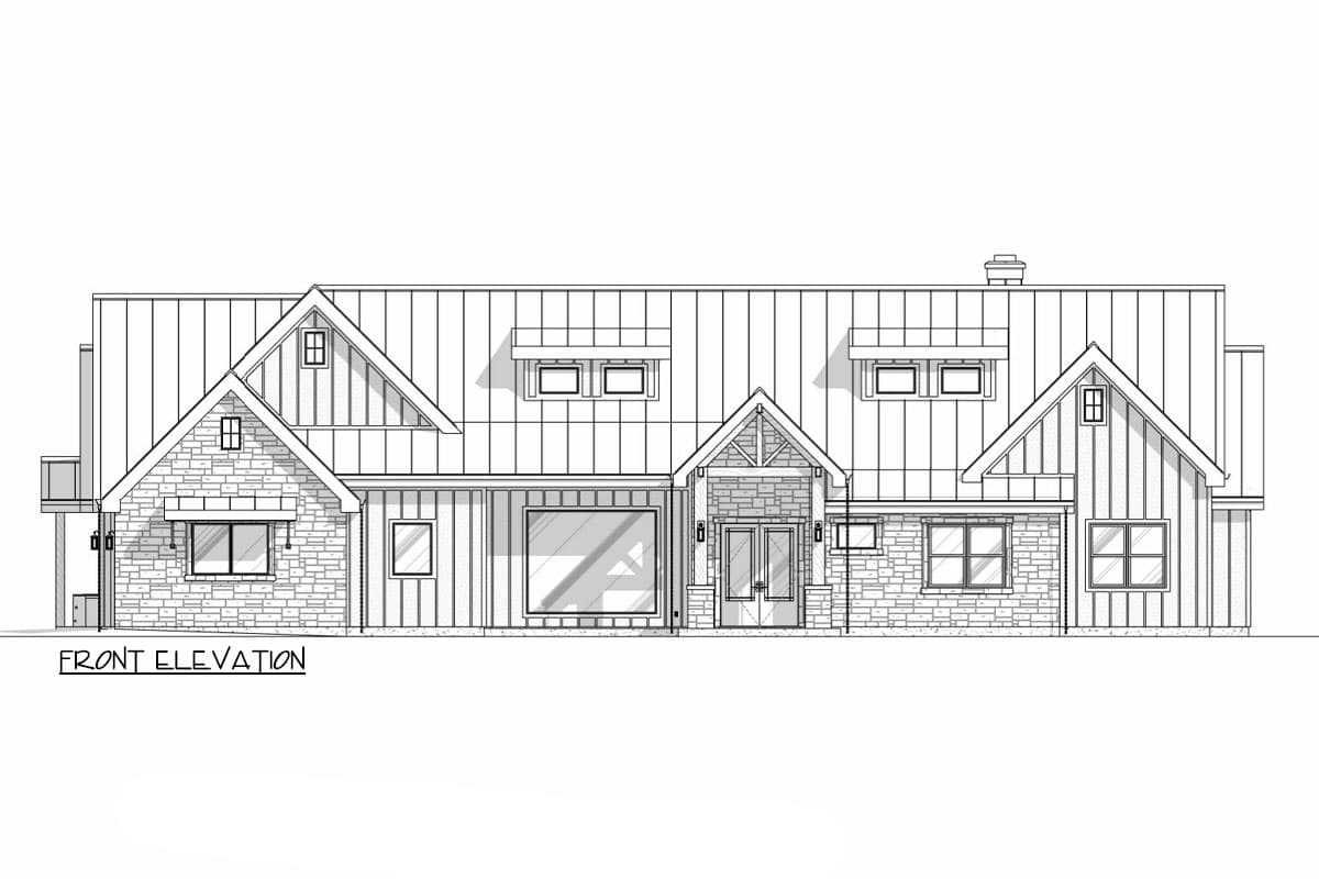 Front elevation house plan: Modern Farmhouse style with metal roof, stone and board-and-batten siding, gables, and dormers.