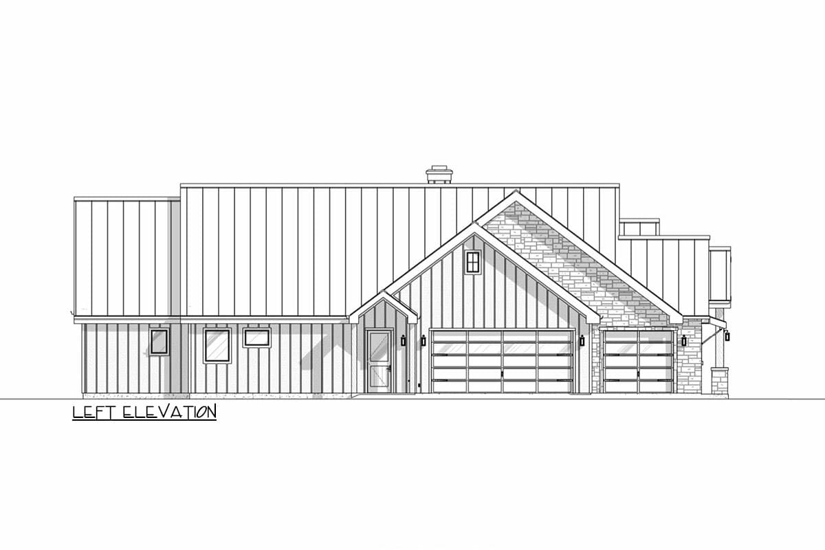 Left elevation of a Modern Farmhouse house plan. Features include metal siding, gabled roof, stone accents, and a three-car garage.