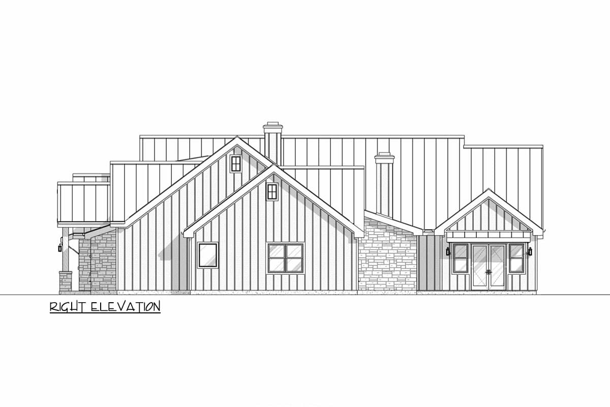 Right elevation house plan showing multiple gables, vertical siding, stone accents, dormers, and a covered entry.