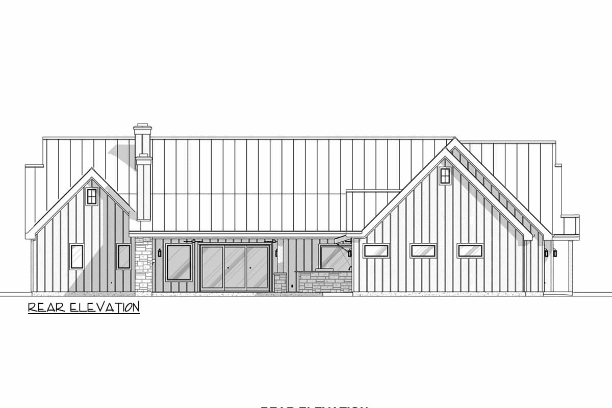 Rear elevation house plan showing gabled rooflines, vertical siding, chimney, and sliding glass doors.
