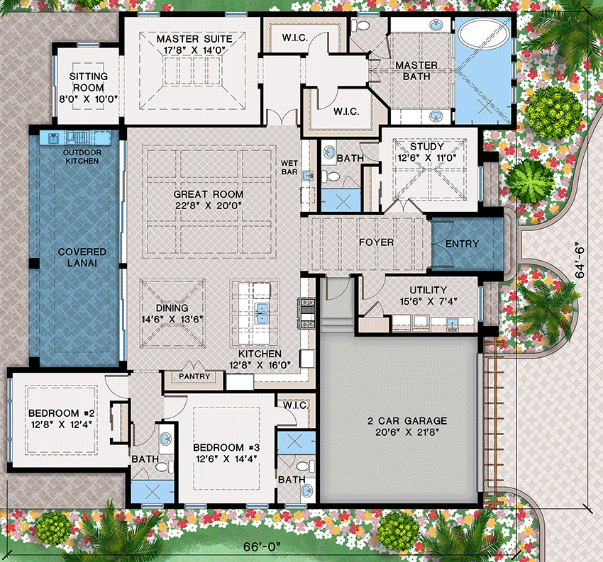 Plan 660014JMD: 4-Bed Coastal Contemporary House Plan with Study Room - 2847 Sq Ft - Floor Plan - Main Level - Coastal, Coastal Contemporary, Florida-Style, Transitional