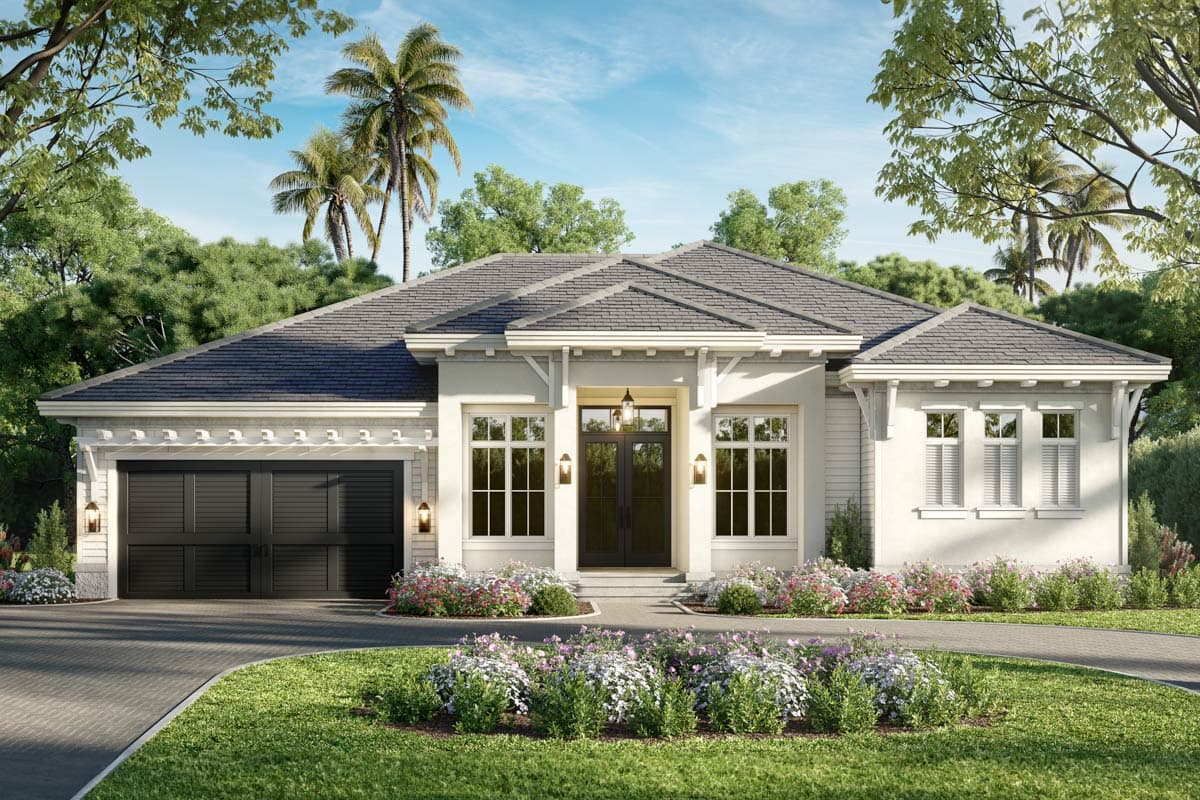 House plan exterior with Craftsman style. Features include a garage, symmetrical facade, and gabled roofline. One-story house with double doors.