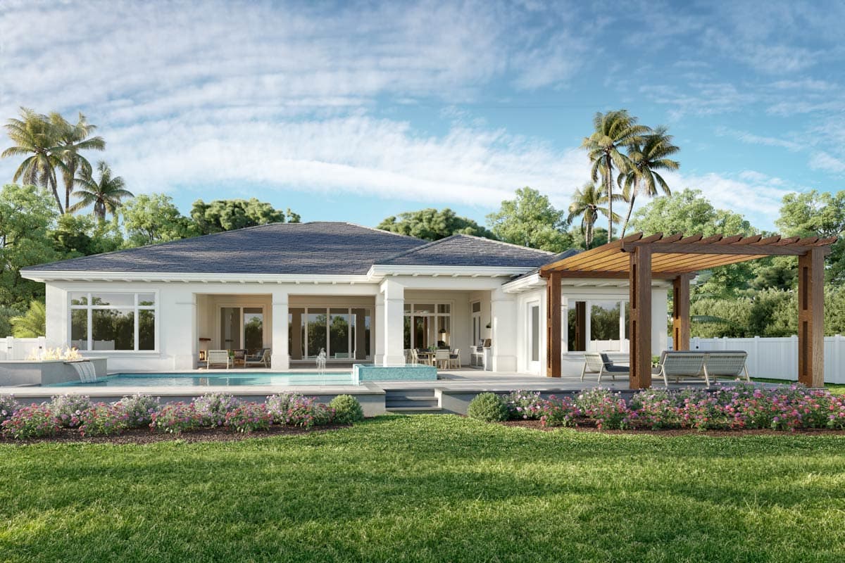 House plan exterior, single story, white stucco, covered lanai, large windows, swimming pool, pergola, and fire feature.