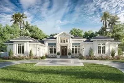 One-Story Coastal Contemporary House Plan with Outdoor Kitchen and Outdoor Fireplace - 4138 Sq Ft