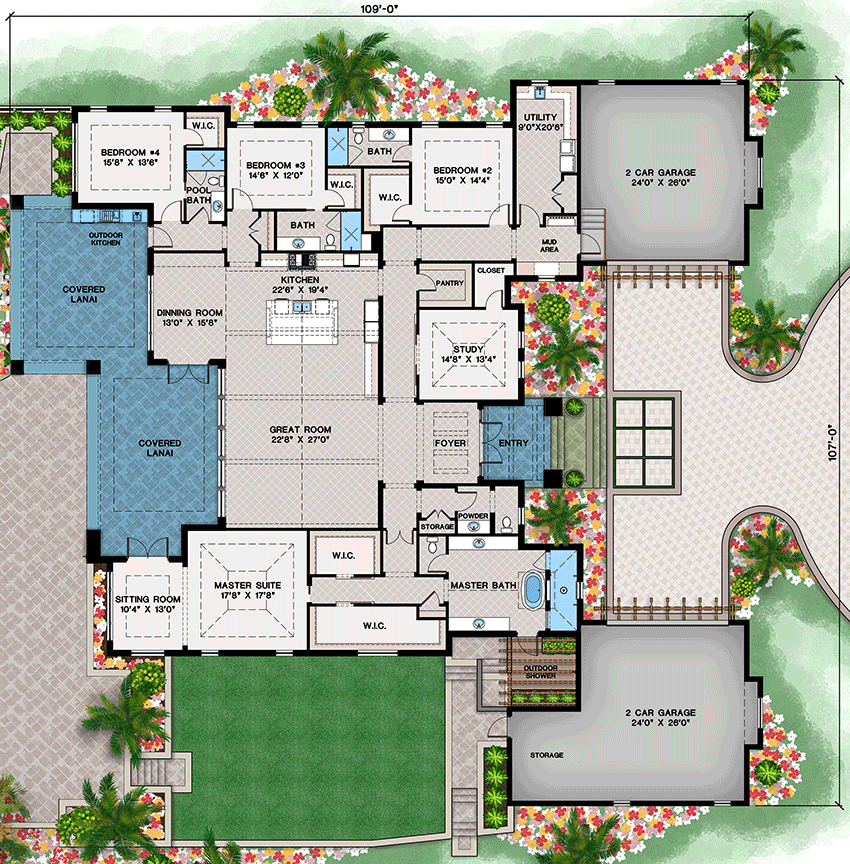 Plan 660017JMD: One-Story Coastal Contemporary House Plan with Two 2-Car Garages - 4665 Sq Ft - Floor Plan - Main Level - Coastal, Coastal Contemporary, Florida-Style, Ranch