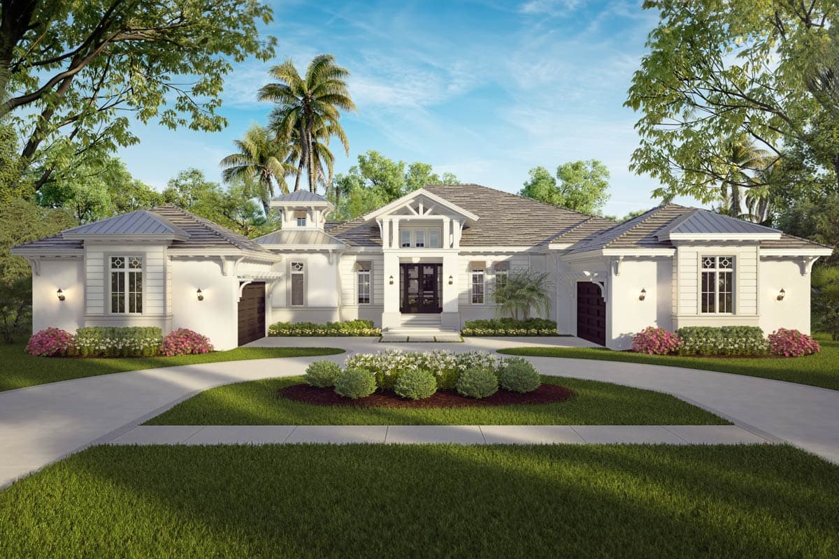 House plan exterior with white stucco siding, multi-gabled roof, symmetrical design, and garage doors. Includes a front entry porch and cupola.