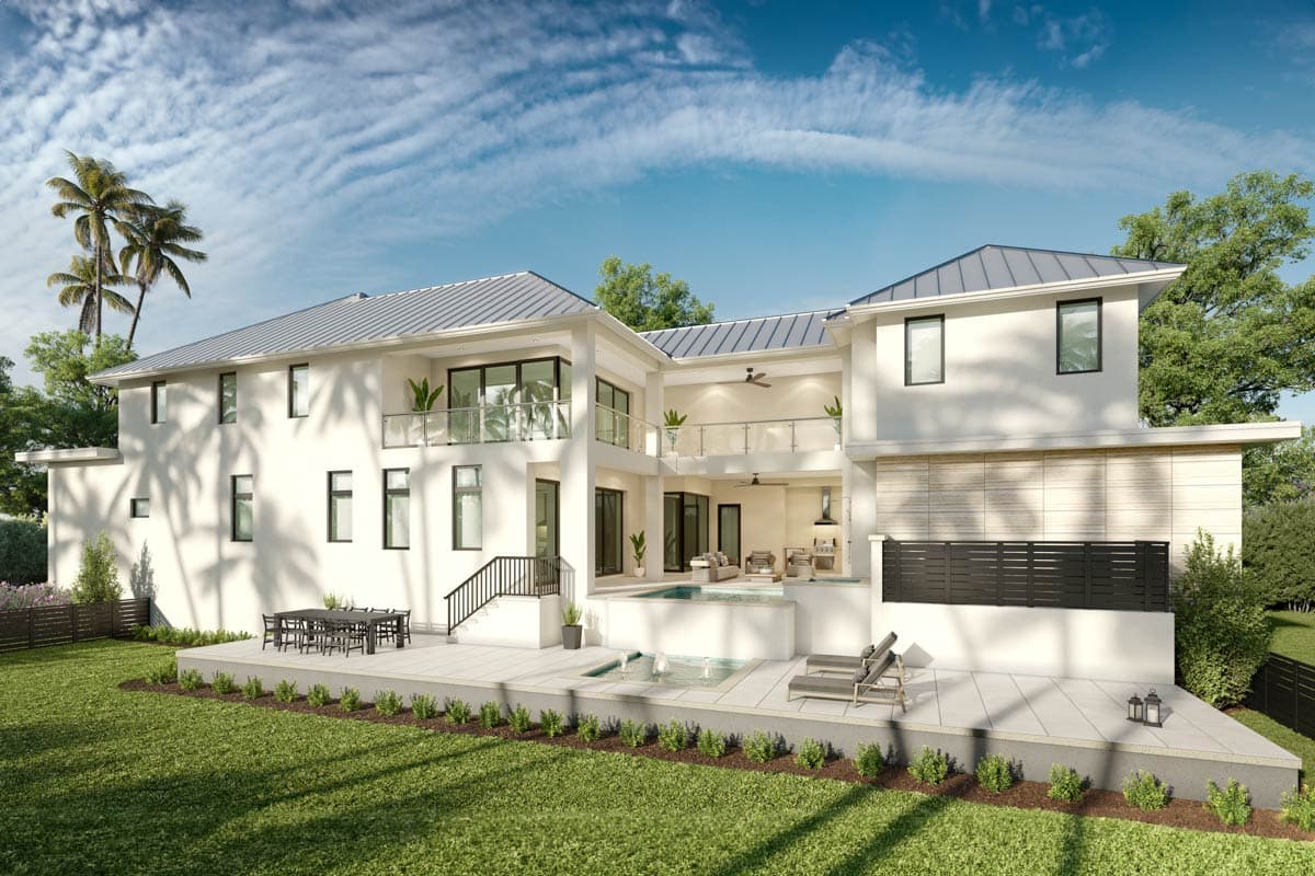 Modern house plan exterior with white stucco, metal roof, balconies, outdoor kitchen, pool, and spa.