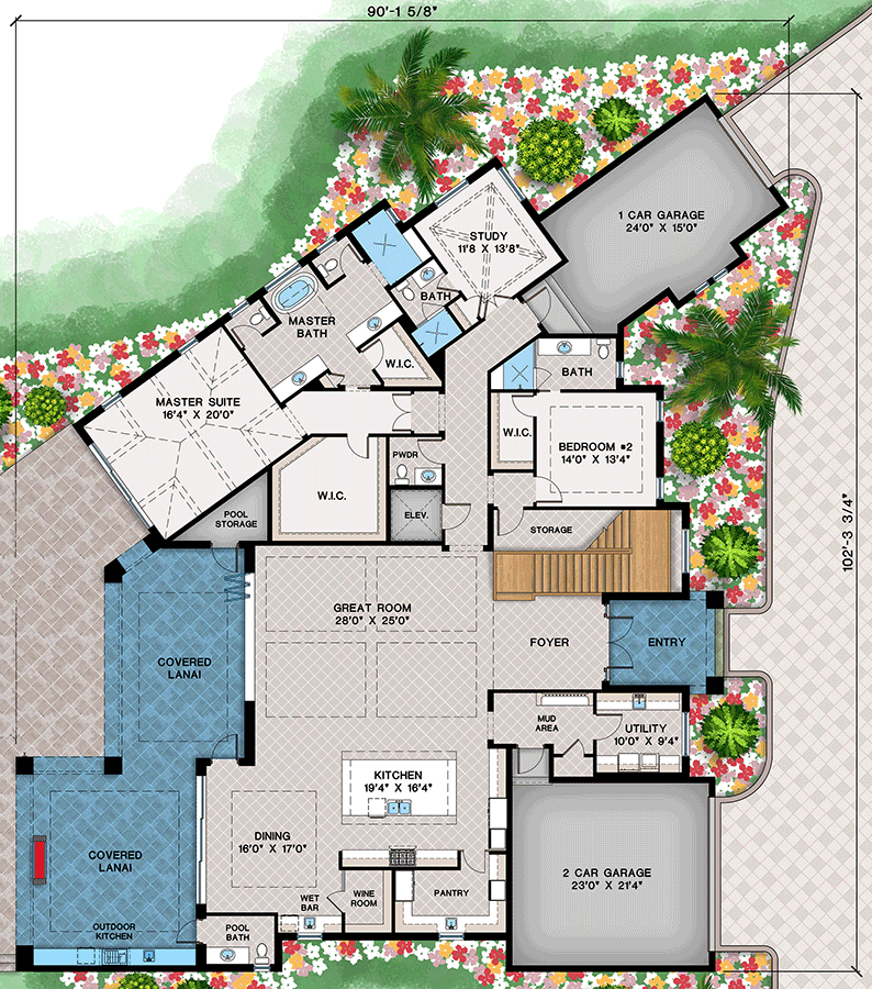 Plan 660021JMD: 5-Bedroom Coastal Contemporary House Plan with Angled Garage - 5595 Sq Ft - Floor Plan - Main Level - Coastal, Coastal Contemporary, Contemporary, European, Transitional