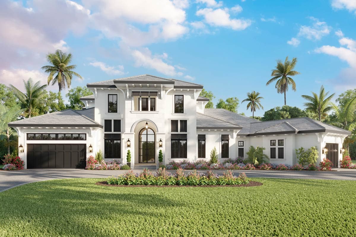 House plan exterior. Two-story, stucco-clad Mediterranean-style home with arched entry, gabled roof, and multiple garage bays.