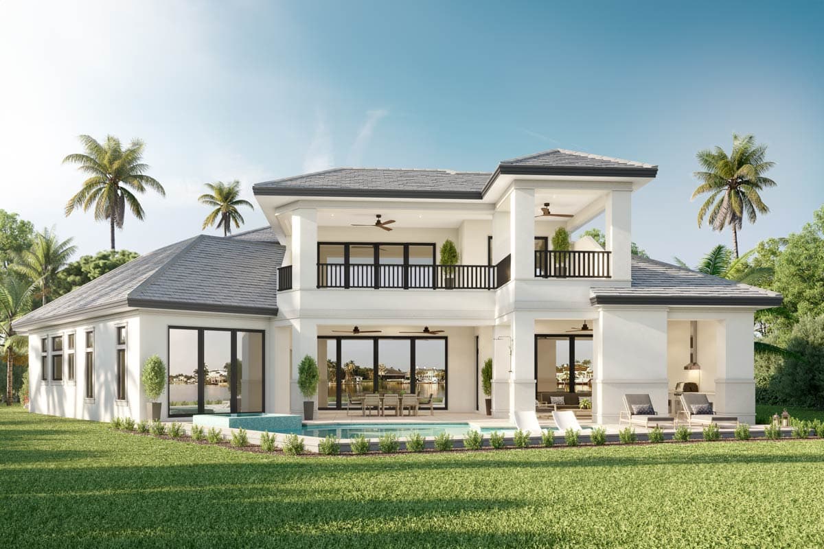 House plan exterior: Two-story modern home with multiple balconies, large windows, covered outdoor kitchen, and swimming pool.